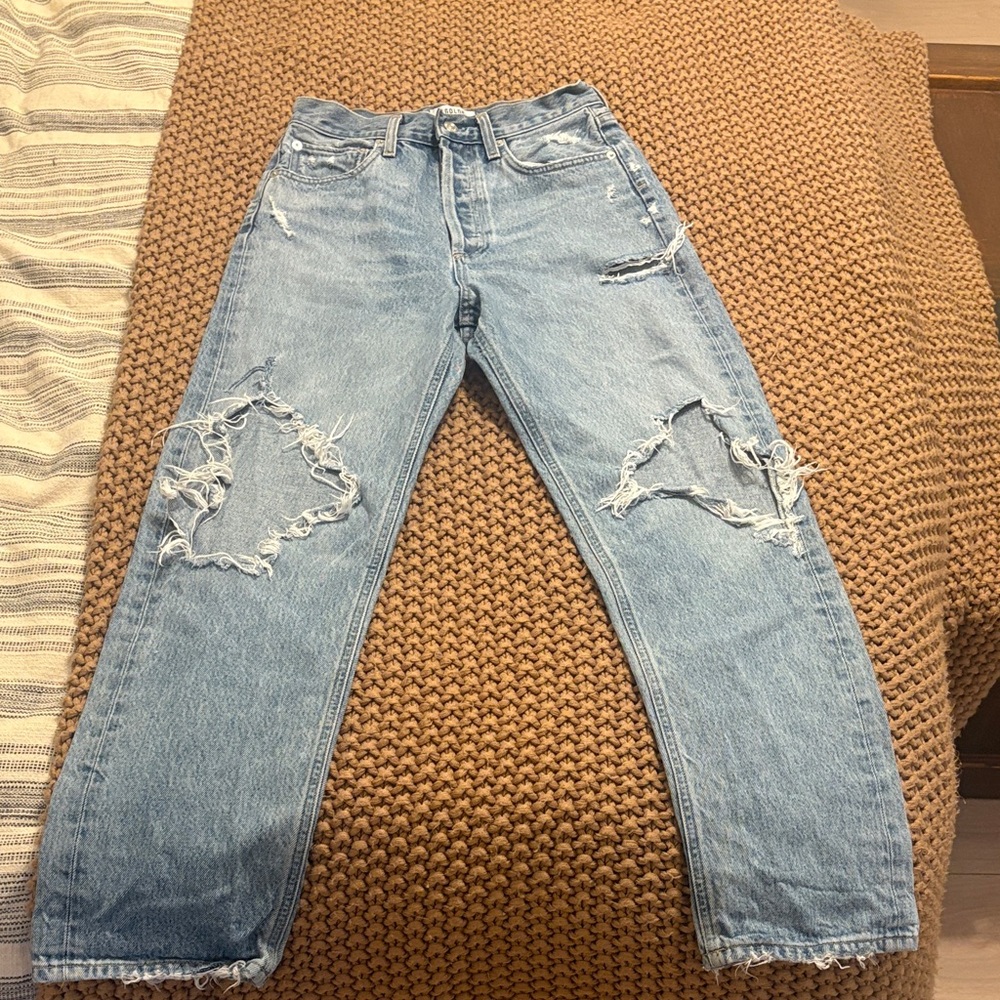 Agolde Light Blue Distressed Straight Leg Jeans